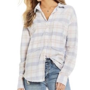 Free People Loveland Plaid Shirt, Pink Purple, M